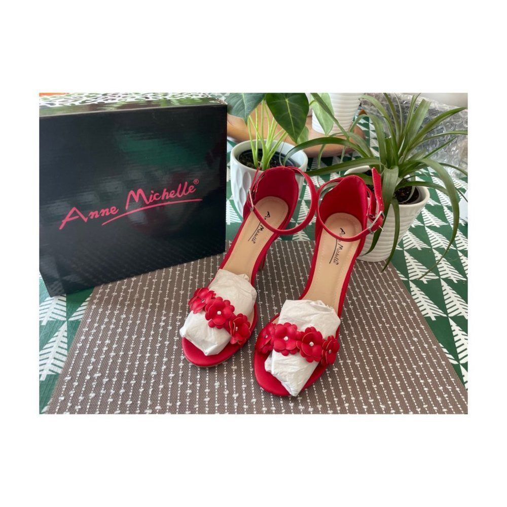 Anne Michelle Red Strappy Heels Pumps Open Toe Sz 8.5